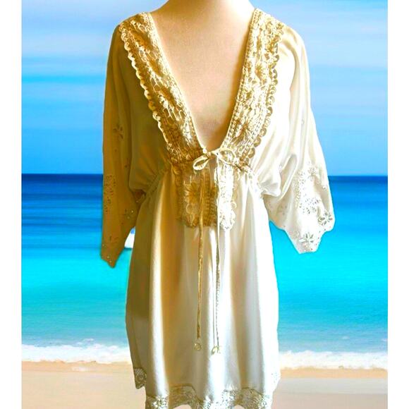 White Eyelet Coverup Mini Dress Swim Cotton Embroidered Lined Boho Beach Bride M - Picture 2 of 13